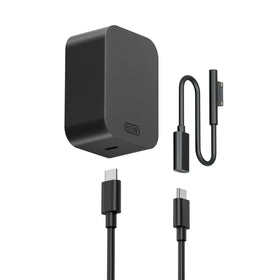 SATURNDOCK front view of 65W adapter showing compact design and ports for travel convenience