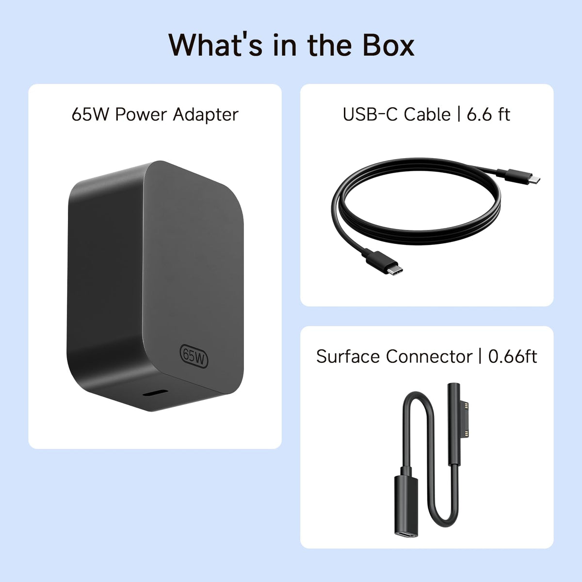 SATURNDOCK box with 65W adapter, Surface connector and 6.6ft USB‑C cable for complete kit
