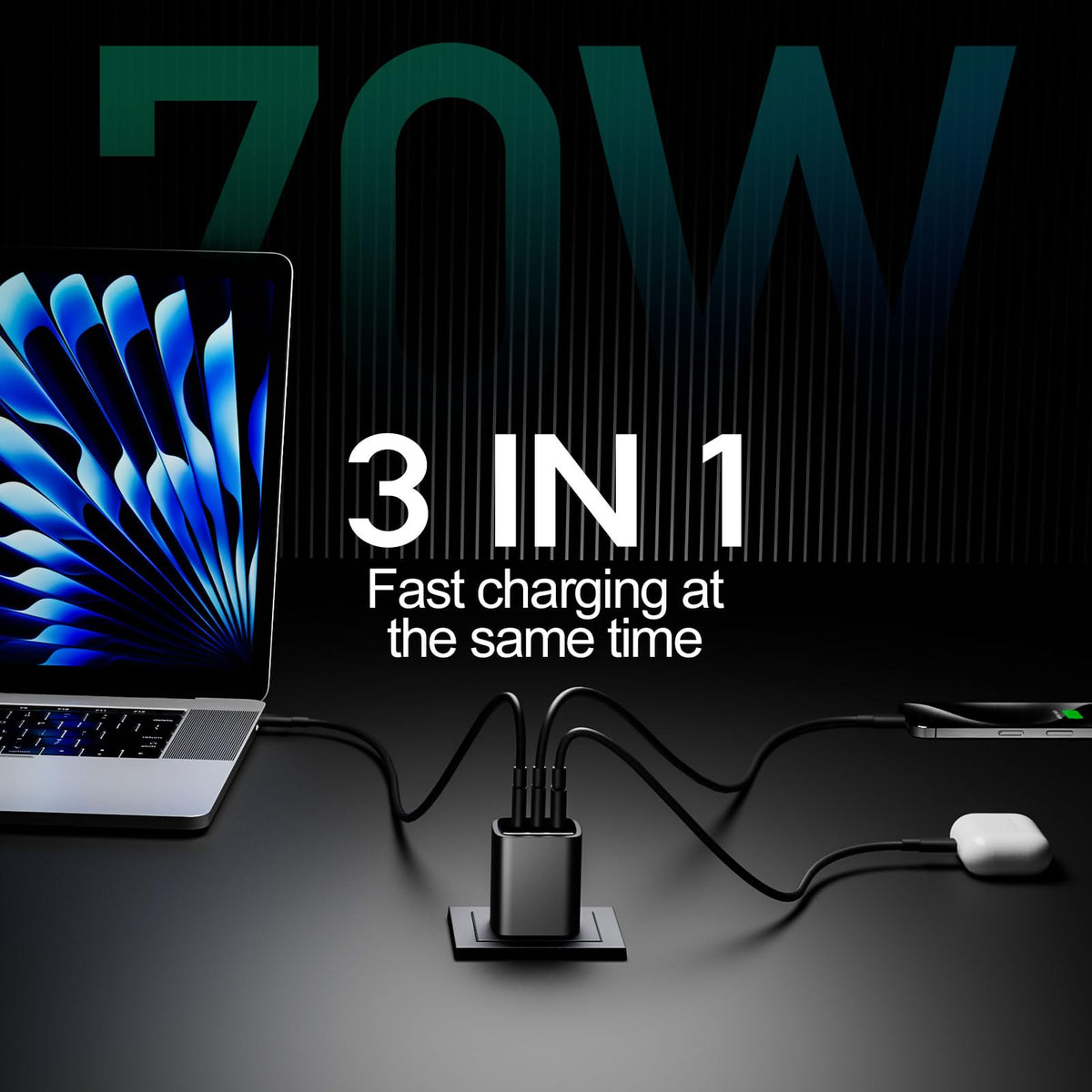 Three ports distributing power for laptop, tablet, and phone