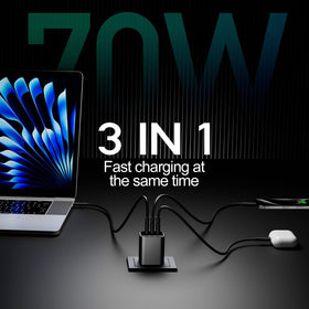 Three ports distributing power for laptop, tablet, and phone