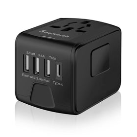 SAUNORCH universal travel adapter showing worldwide compatibility for on-the-go charging