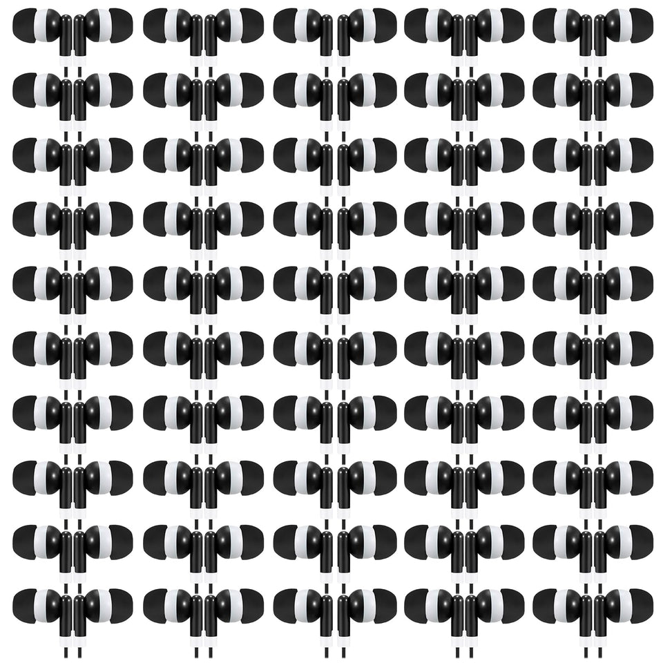 Saysurey 50-pack earbuds bulk in black, ideal for classrooms and shared devices.