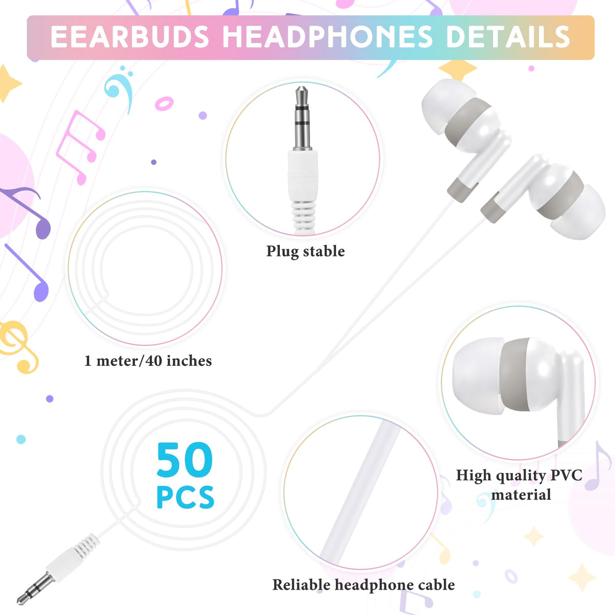Saysurey earbuds bulk 50-pack white, individually bagged for cleanliness.