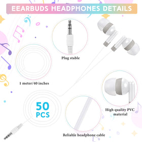 Saysurey earbuds bulk 50-pack white, individually bagged for cleanliness.