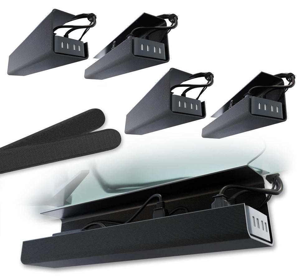 Scandinavian Hub front view of black under-desk tray showing tidy appearance
