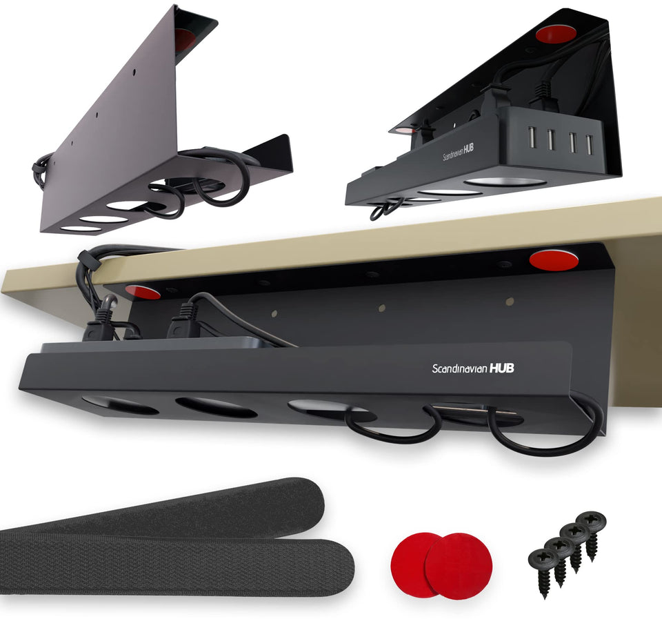 Scandinavian Hub under-desk cable tray 17-inch overview keeps cables tidy.