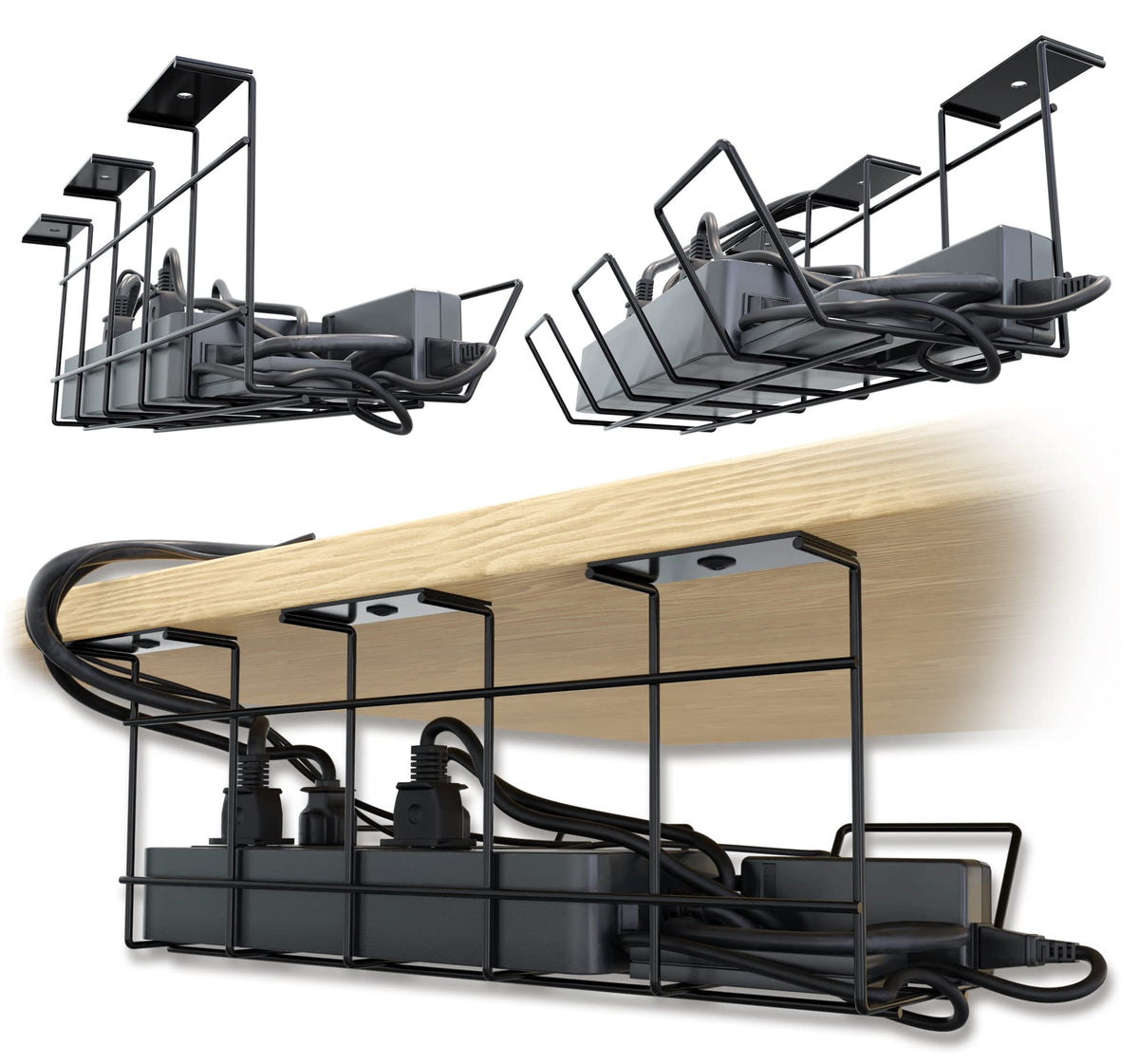 Scandinavian Hub under-desk cable tray in black keeps cords tidy and accessible.