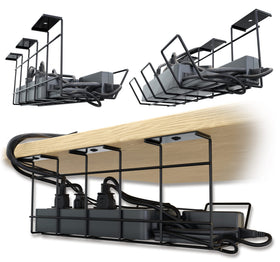 Scandinavian Hub under-desk cable tray in black keeps cords tidy and accessible.