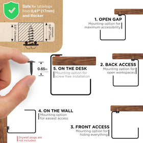 Wall-mount option provides flexible placement beyond the desk.