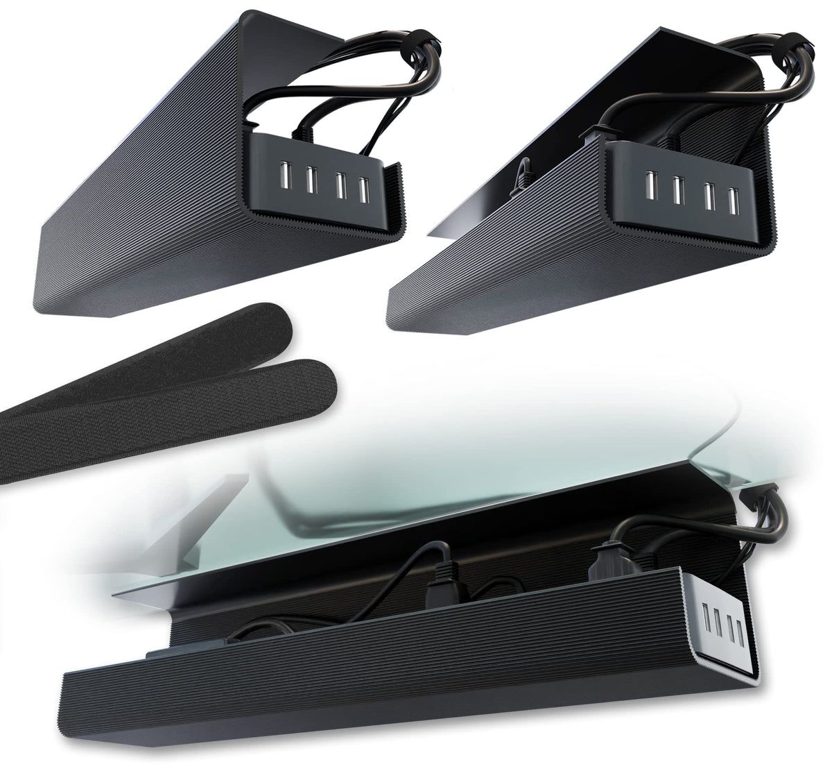 Scandinavian Hub front view of under-desk tray showing tidy cable containment