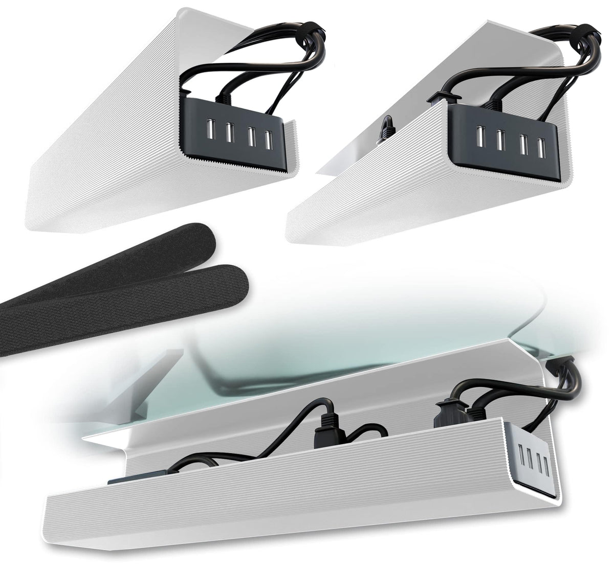 Scandinavian Hub front view of white under-desk tray showing clean organization benefits