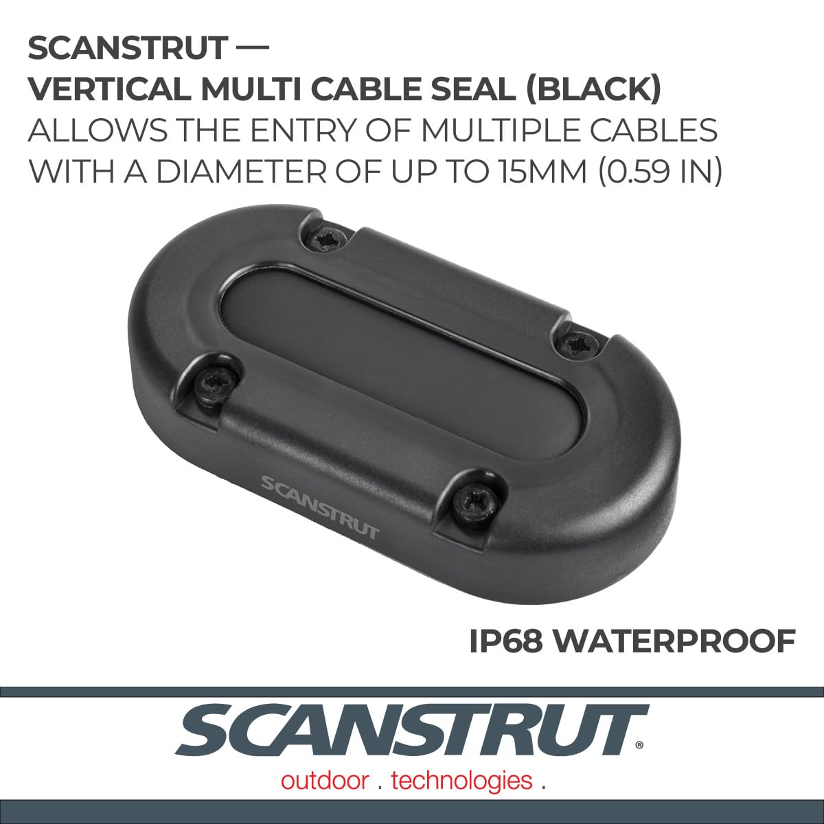 Scanstrut close-up of closed housing highlighting durable black marine grade plastic