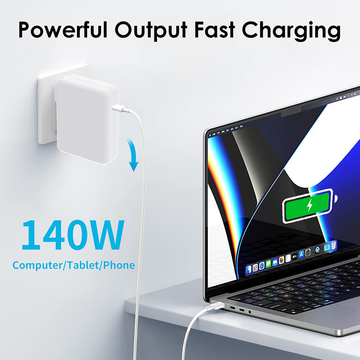 Sccvee 140W USB-C charger side view with foldable prongs for travel