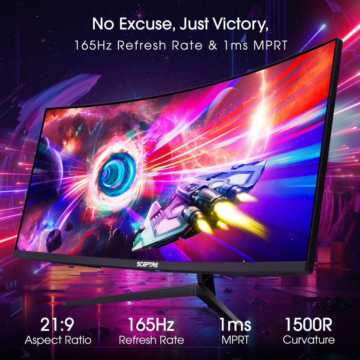 Sceptre monitor showing 165Hz and 1ms MPRT for smooth gaming action.