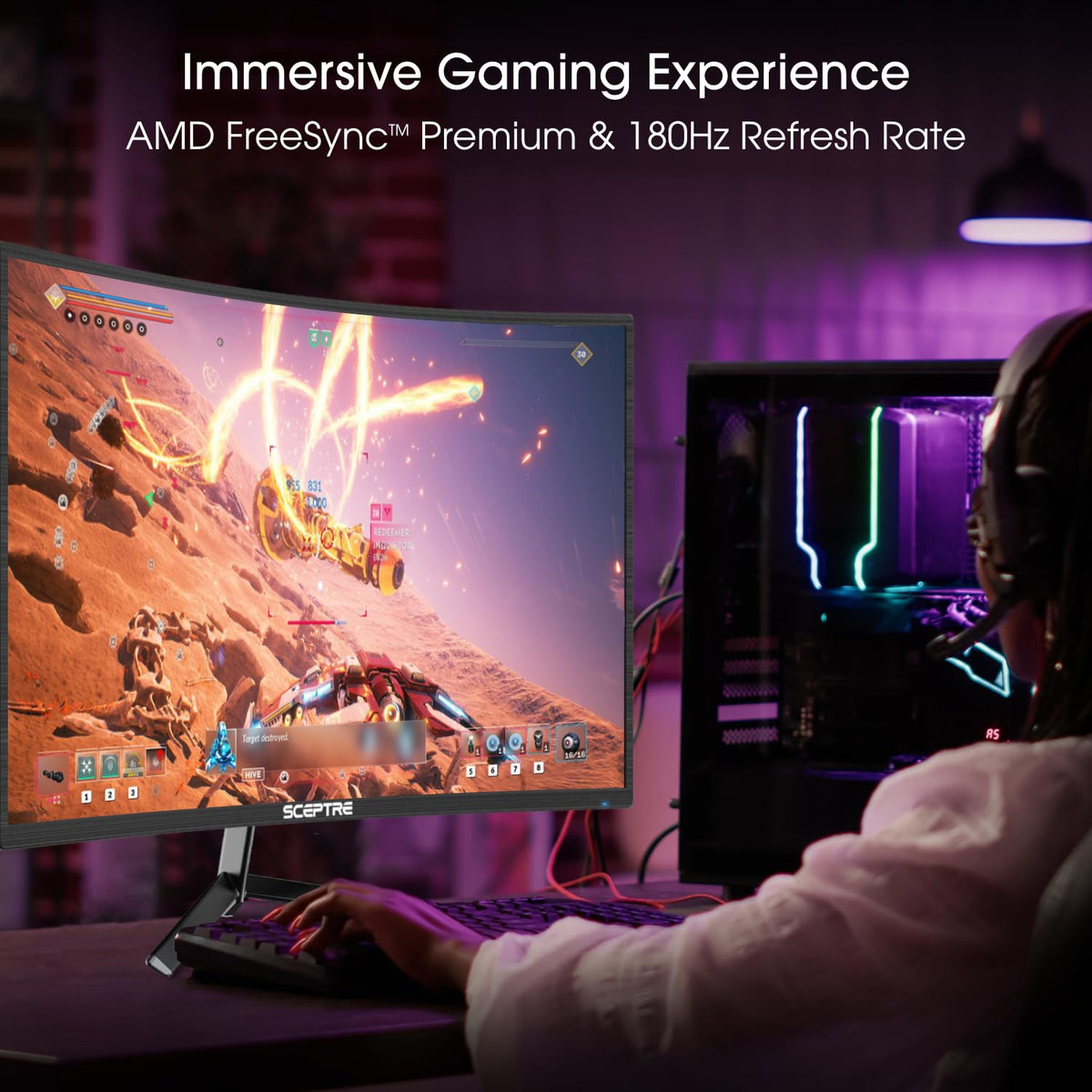 Sceptre display in gaming mode highlighting FPS and RTS optimization.