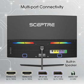 Sceptre monitor with multiple ports and built-in speakers for clutter-free desk setup.