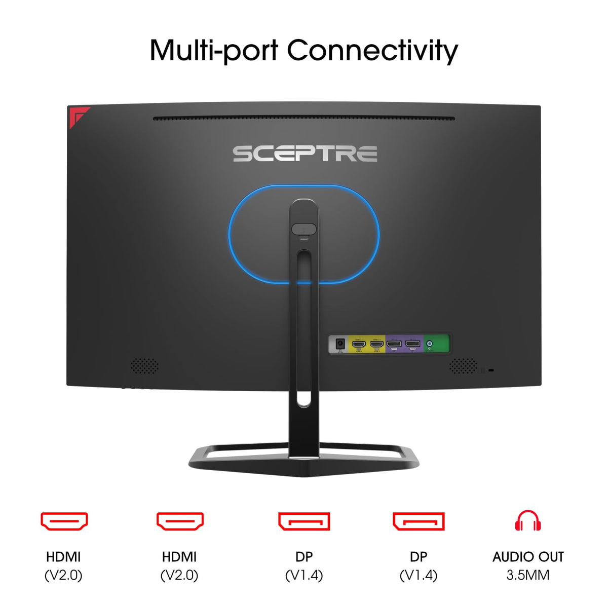 Sceptre 27-inch curved monitor connectivity ports for flexible multi-device setups.