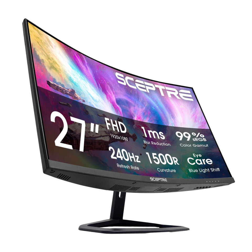 Sceptre 27-inch curved monitor front view with slim bezels for immersive gaming.