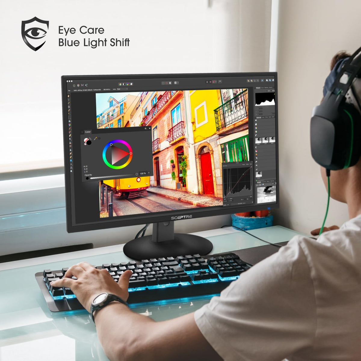 Sceptre 27-inch monitor showing HDMI and DisplayPort inputs for easy PC and console connections.