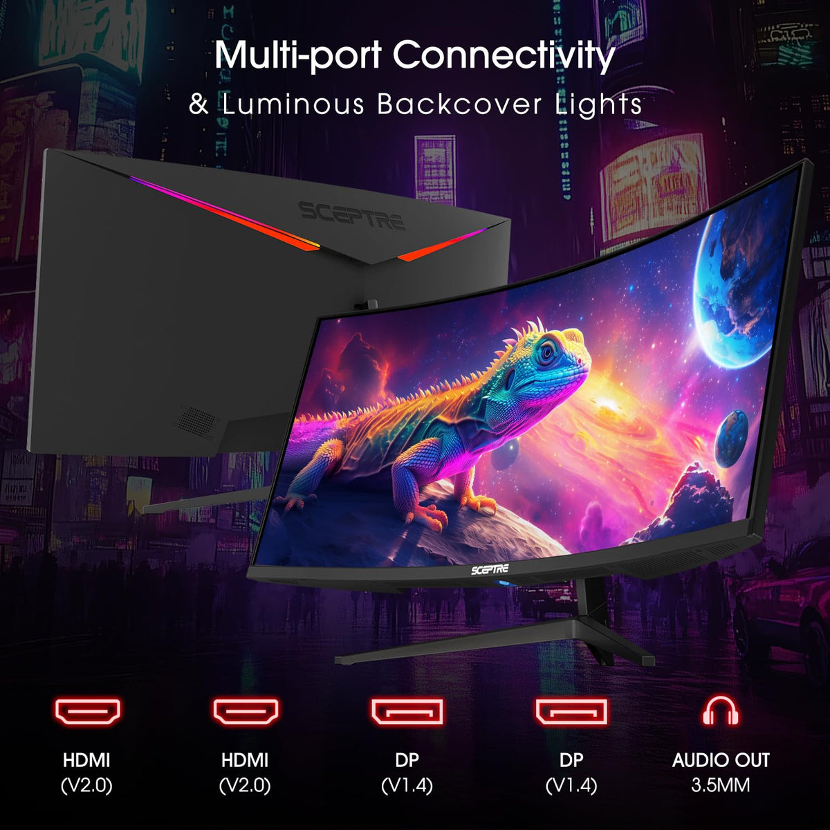 Sceptre 34-inch curved ultrawide monitor back lighting enhances mood lighting and desk aesthetics.