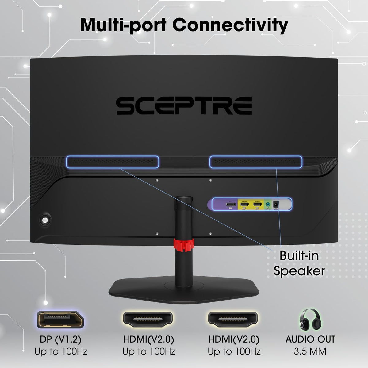Sceptre 24-inch curved monitor highlighting 100Hz and true colors for vibrant visuals.