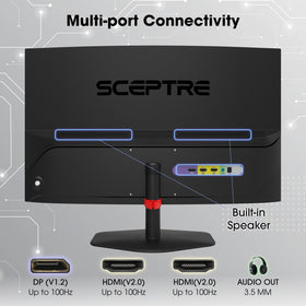 Sceptre 24-inch curved monitor highlighting 100Hz and true colors for vibrant visuals.