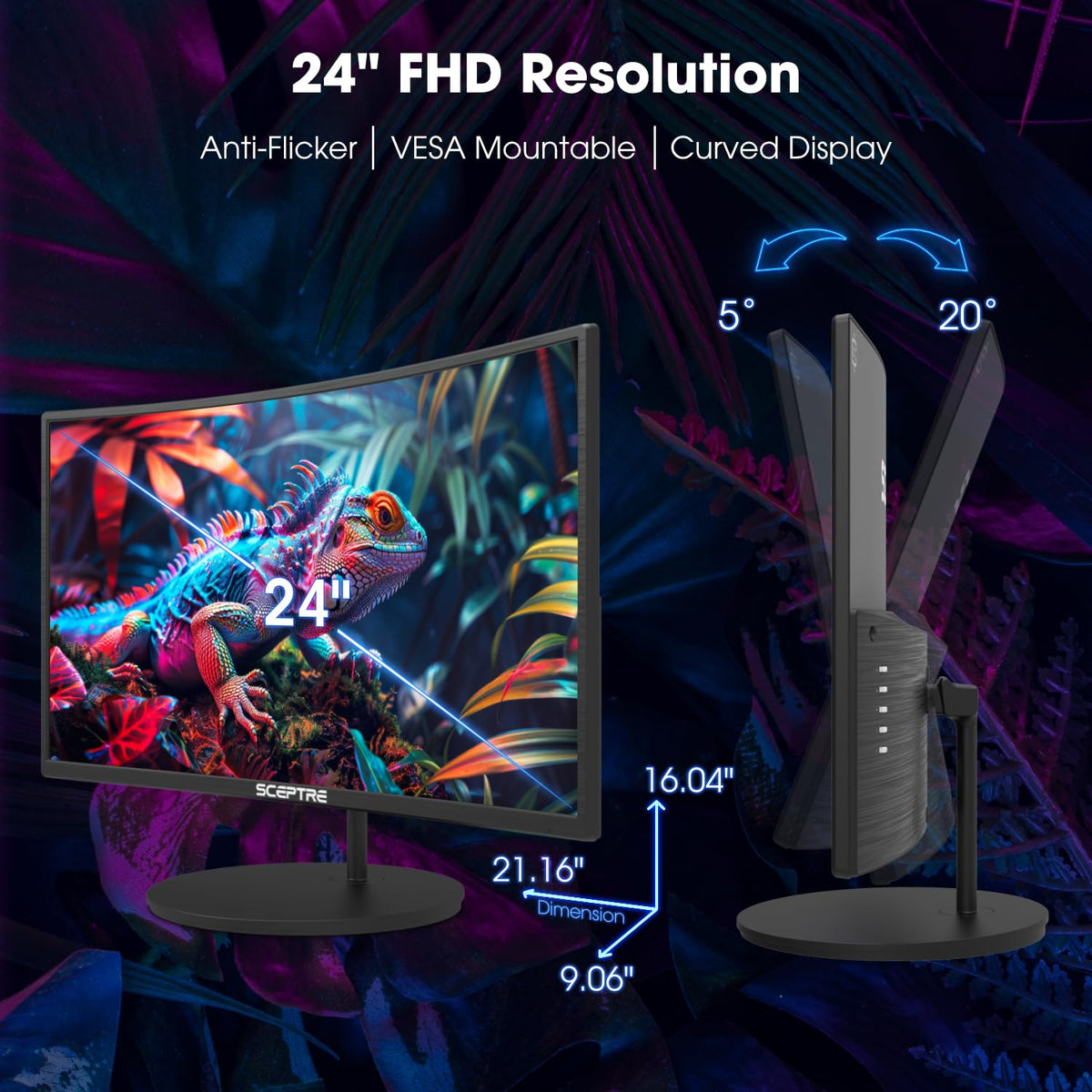 Sceptre C248W-1920RN built-in speakers save desk clutter while delivering audio.