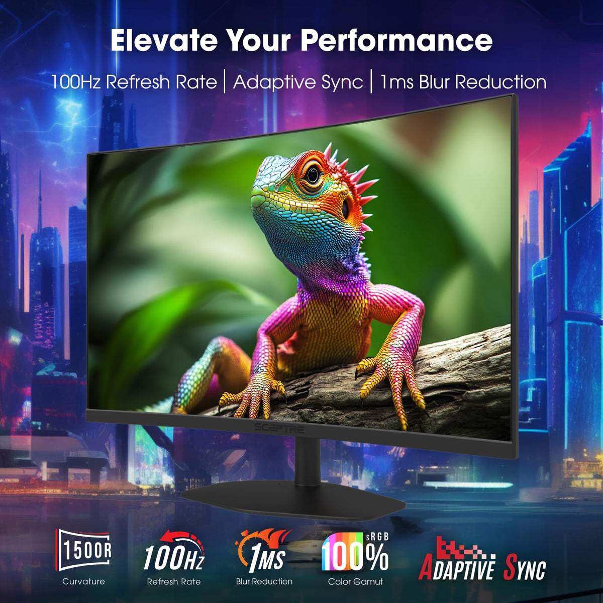 Sceptre curved 27-inch monitor highlighting 100Hz refresh for smooth gaming.