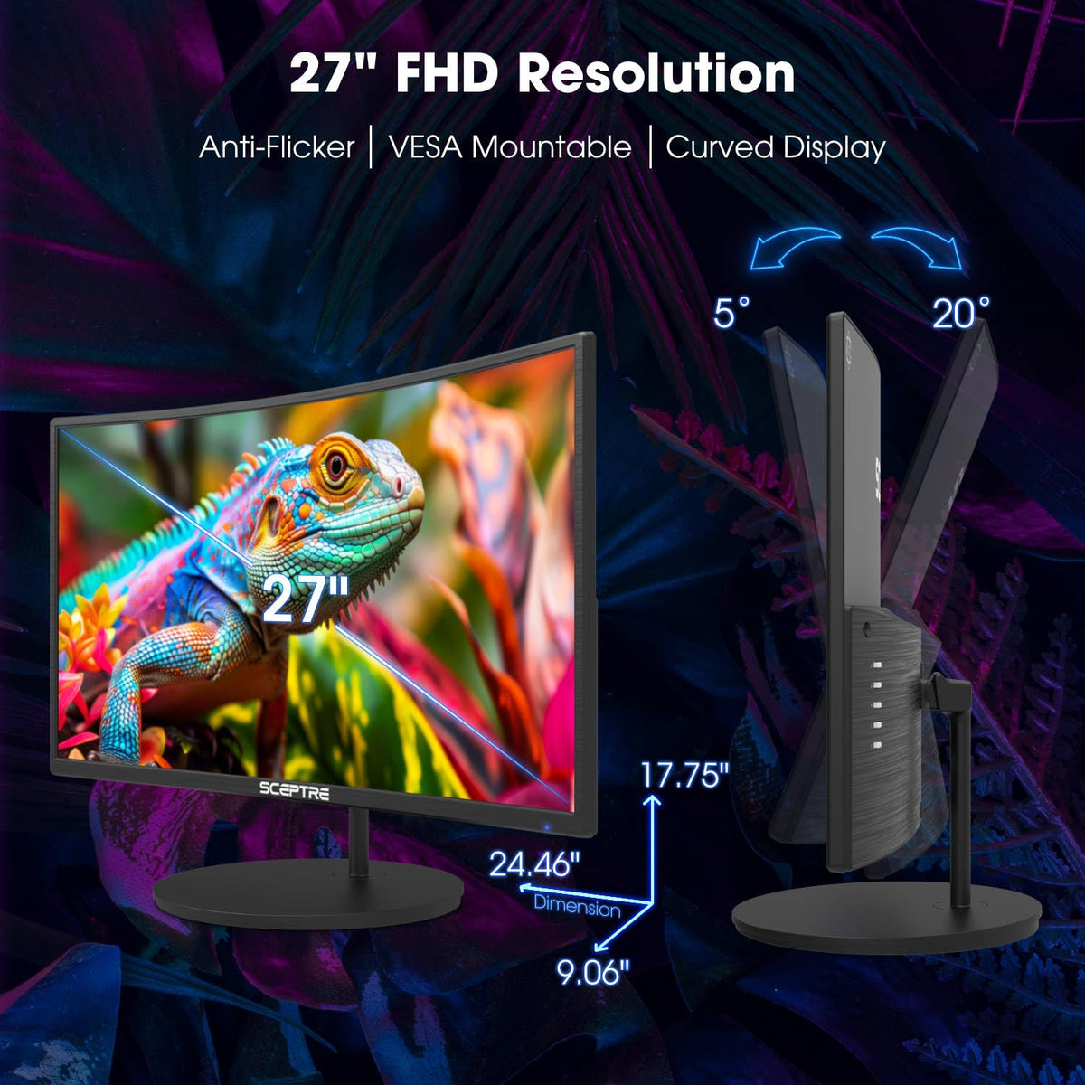 Sceptre C275W-1920RN with built-in speakers for clutter-free desk audio.