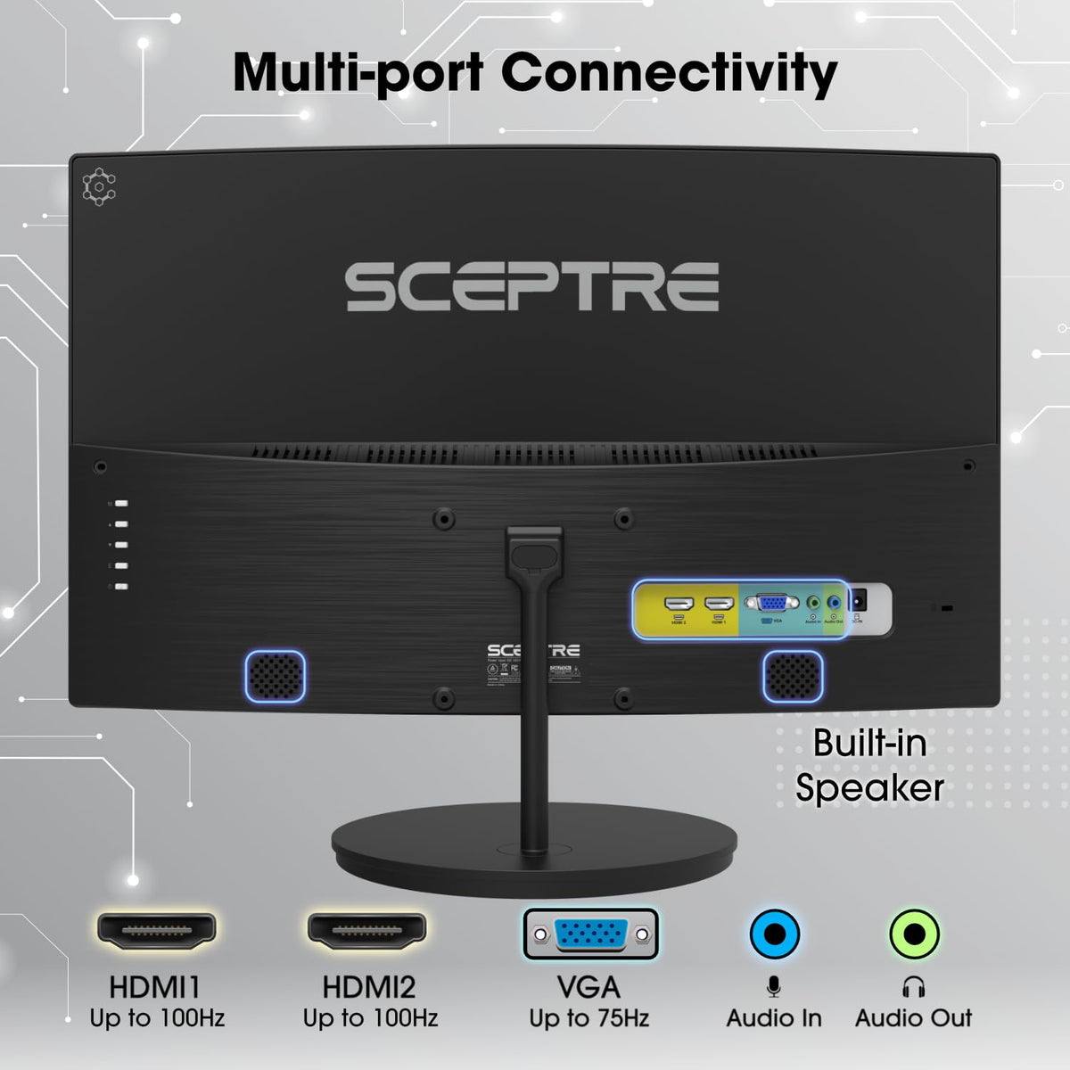 Sceptre curved monitor ports and HDMI/VGA access for flexible setup.