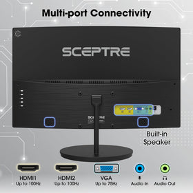 Sceptre curved monitor ports and HDMI/VGA access for flexible setup.