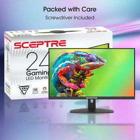 Sceptre E248W-FW100T ports and integrated speakers enable flexible PC and console use.