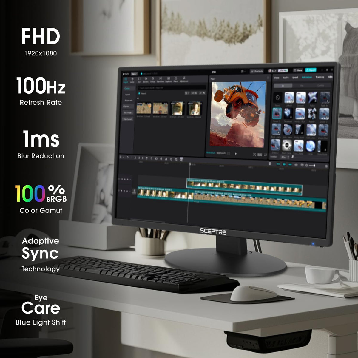 Sceptre E275W-19203R workspace setup with minimal bezels and tidy desk arrangement
