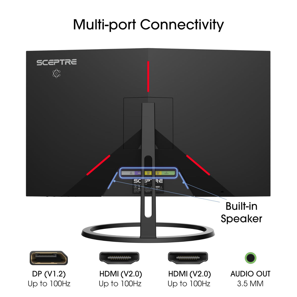 Sceptre E275W-QPT ports connectivity graphic shows HDMI and DisplayPort options.
