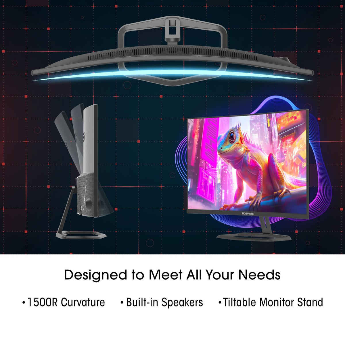 Sceptre Prime curved 32-inch monitor 1500R curve for expansive field of view.
