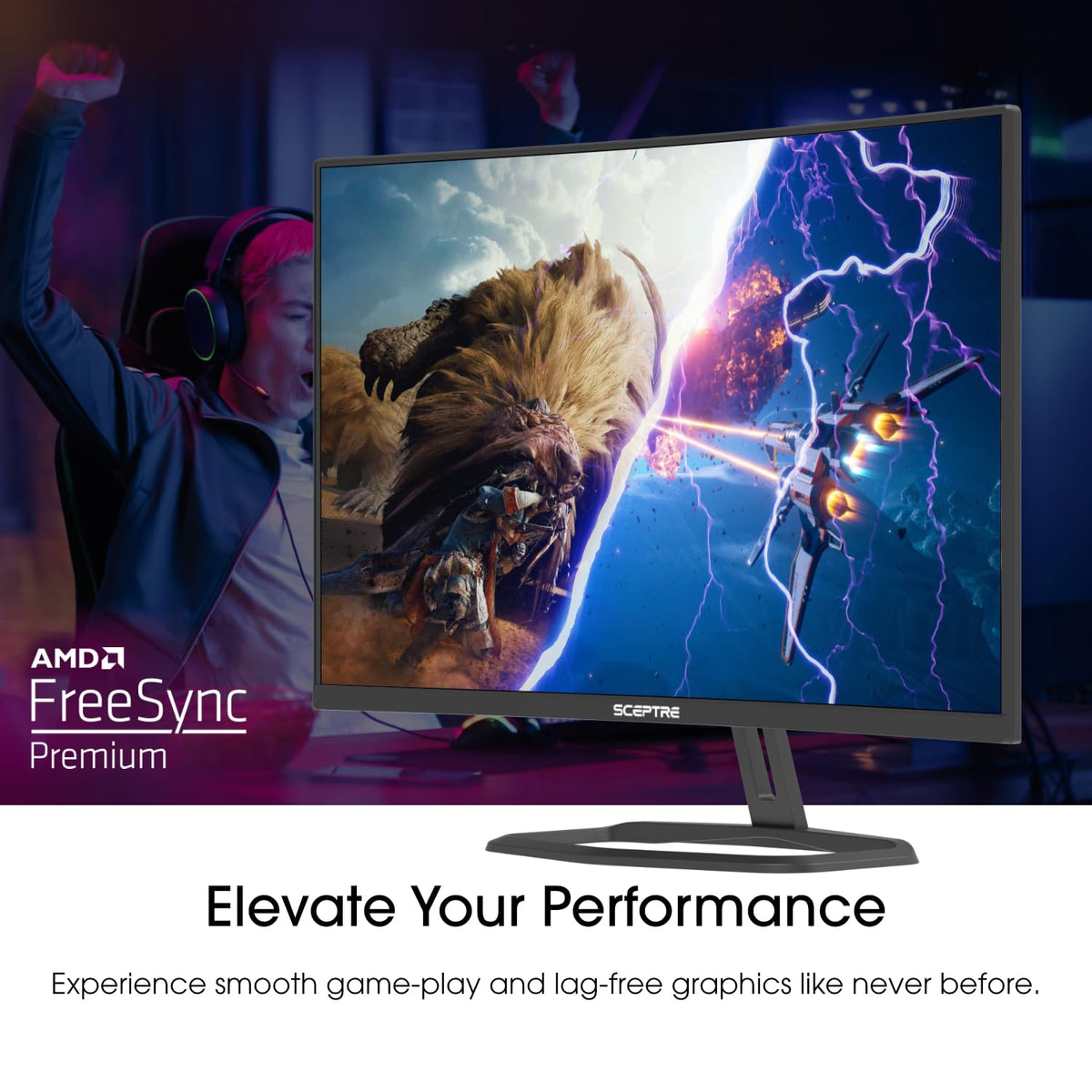 Sceptre Prime curved 32-inch monitor blue-light shift for comfortable viewing.