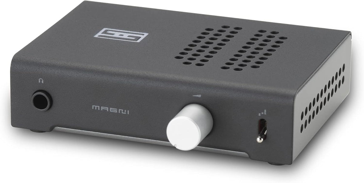 Schiit Magni Heretic front view shows compact desktop amp with sturdy build.