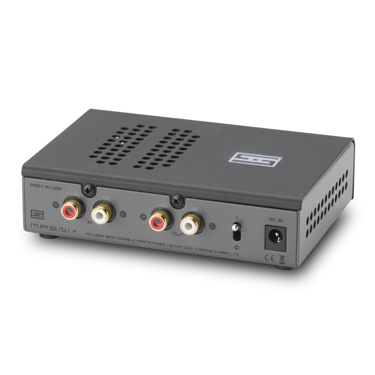 Schiit Magni Heretic top panel highlights precise gain controls for versatile listening.