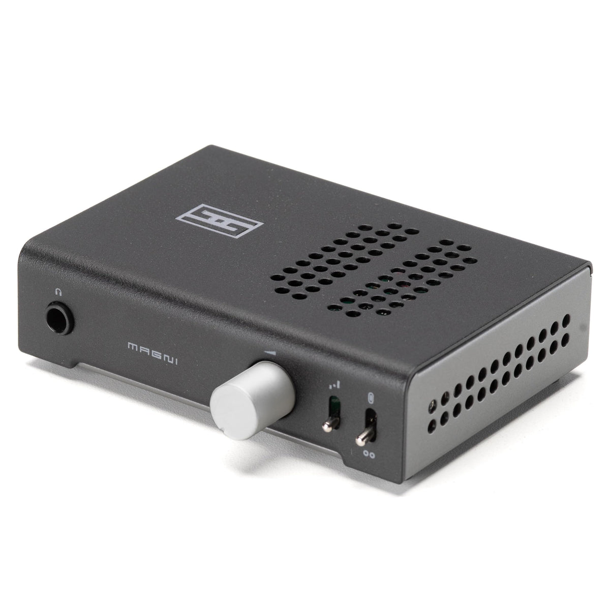 Schiit Magni Unity front panel, compact desktop amp for clean, silent listening.