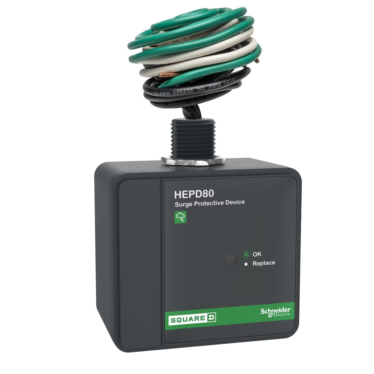 Schneider Electric HEPD80 universal surge protector installed in a home panel for whole-house protection