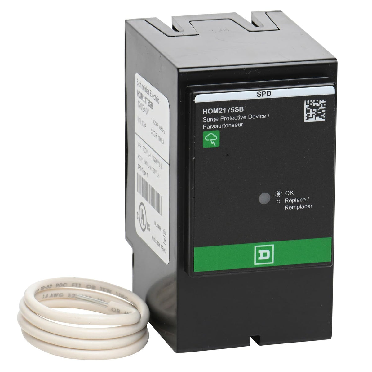 Schneider Electric HOM2175SB Surgebreaker front view with plug-on design for quick setup