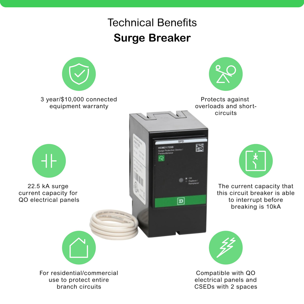 Schneider Electric HOM2175SB Surgebreaker LED indicator shows status for easy monitoring