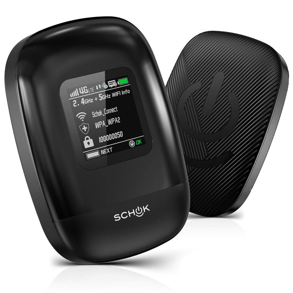 SCHOK front view showing status lights and compact portability benefit
