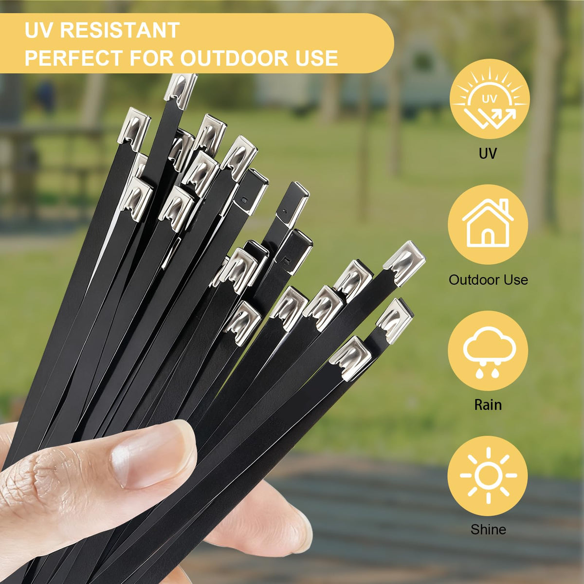 SCITOOLS 270 lbs tensile metal zip ties ideal for heavy-duty tasks.