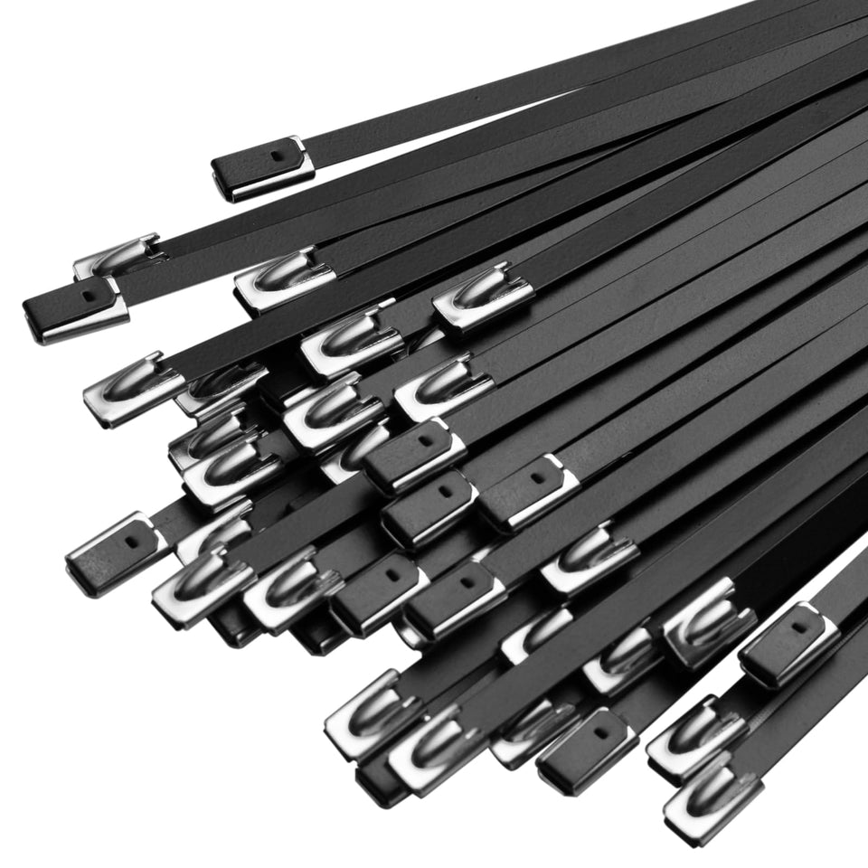 SCITOOLS metal zip ties 11.8in length for sturdy bundling and organization.