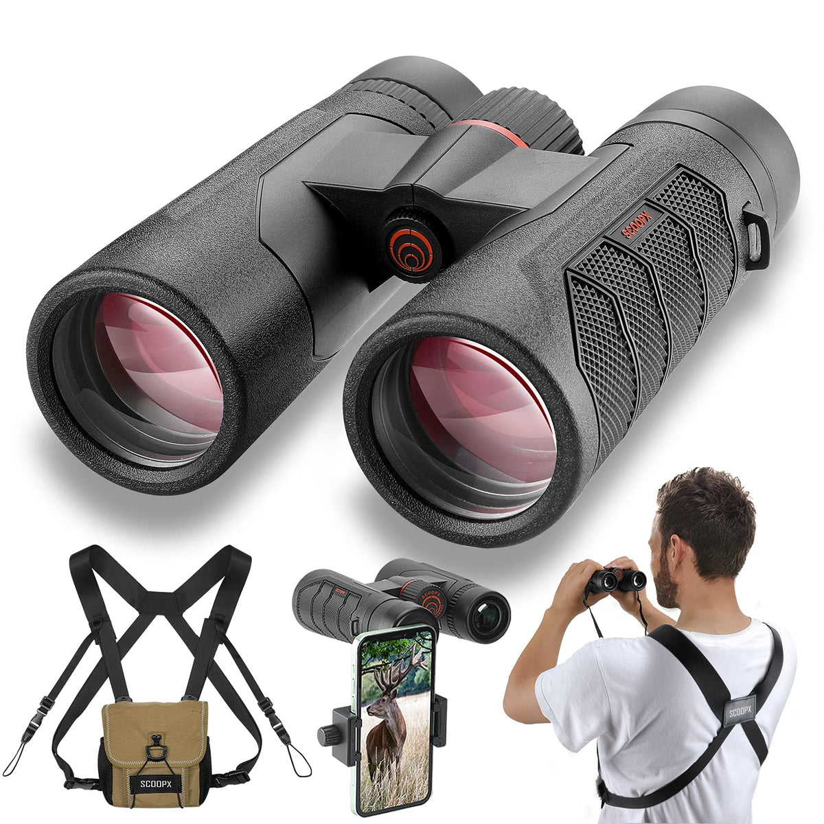 ScoopX binoculars with 24mm eyepiece for bright, detailed birdwatching.