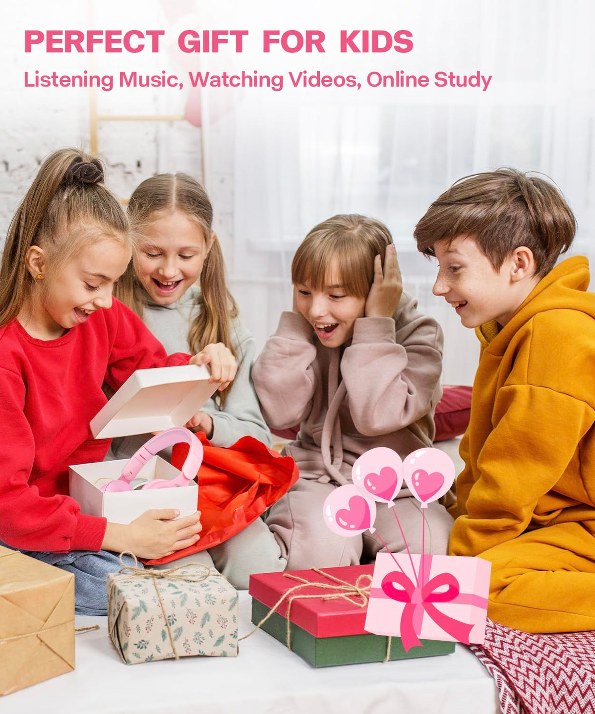 Child wearing pink Scorking headphones during travel and study
