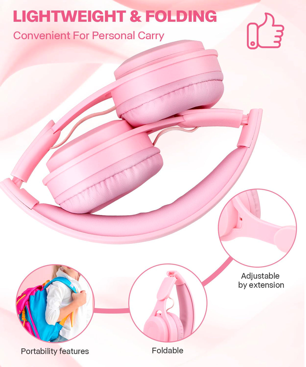 Scorking pink headphones wired mode with 3.5mm cable for reliable playback