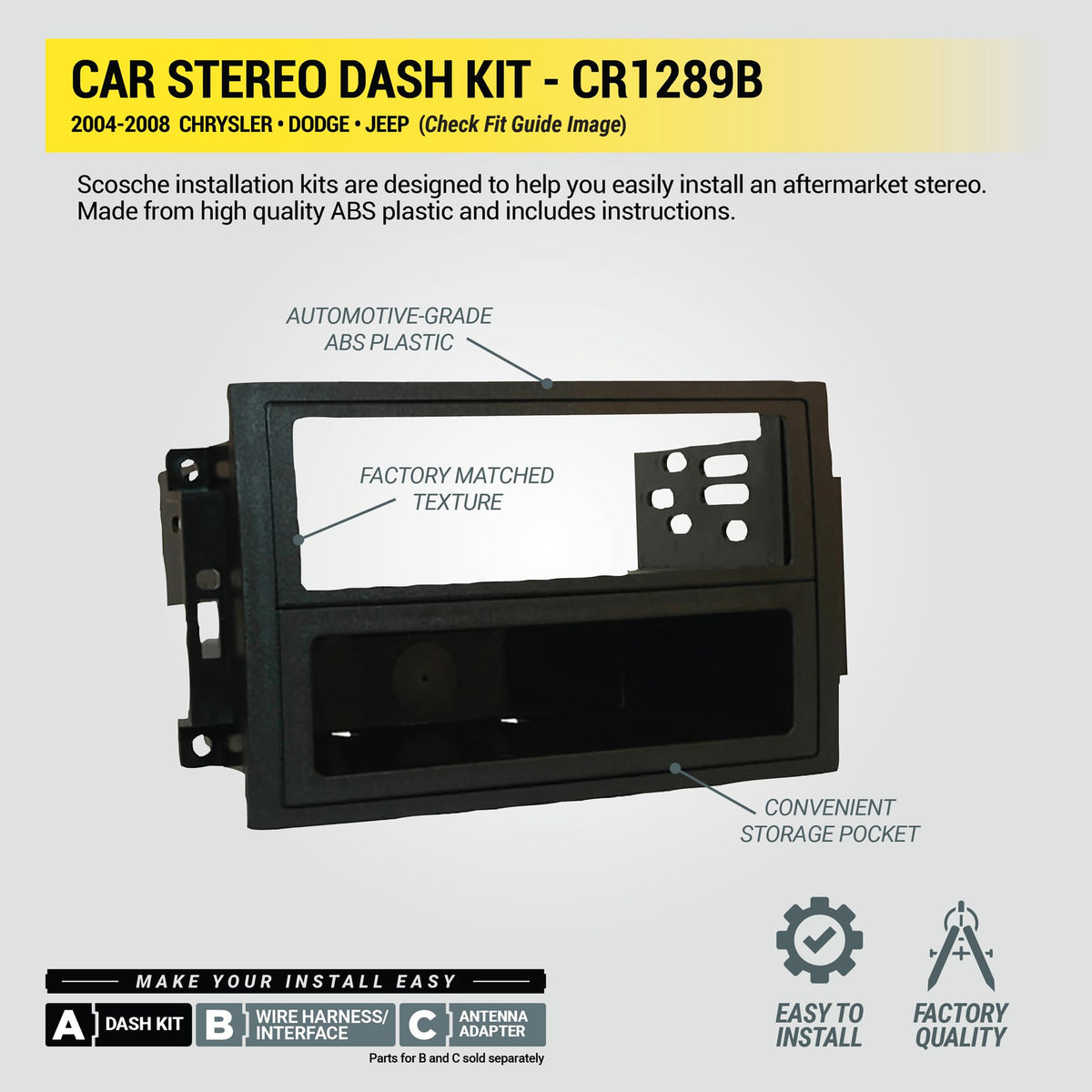 Scosche CR1289B radio opening guidance 173mm x 98.6mm for sizing.