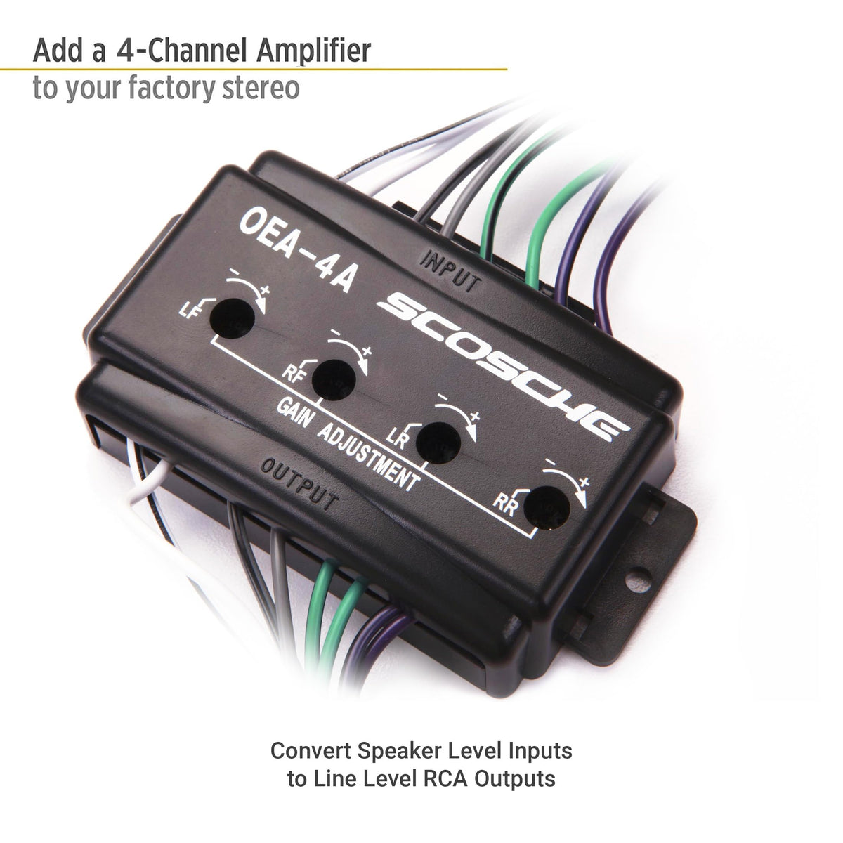 Scosche OEA4 close-up of adjustable level controls for precise gain matching and clarity